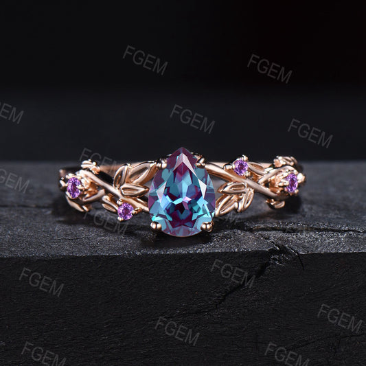 Nature Inspired Alexandrite Leaf Twist Engagement Ring 1.25ct Pear Color-Change Alexandrite Ring Cluster Purple Amethyst Twig Wedding Ring
