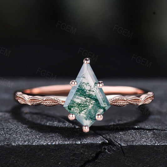 Natural Kite Moss Agate Ring 10K Rose Gold Kite Shaped Nature Inspired Leaf Band Moss Agate Solitaire Ring Unique Anniversary Promise Rings