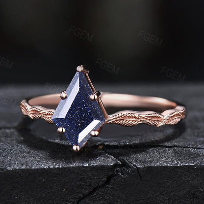 Nature Inspired Blue Goldstone Solitaire Rings 10K Rose Gold Kite Galaxy Blue Sandstone Ring  Leaf Branch Wedding Band Unqiue Promise Gifts