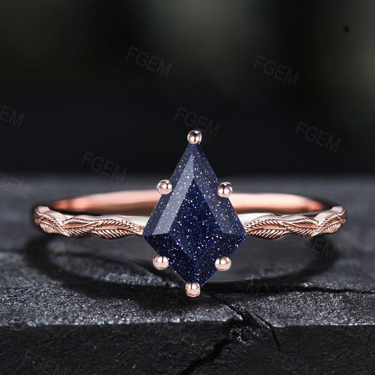 Nature Inspired Blue Goldstone Solitaire Rings 10K Rose Gold Kite Galaxy Blue Sandstone Ring  Leaf Branch Wedding Band Unqiue Promise Gifts