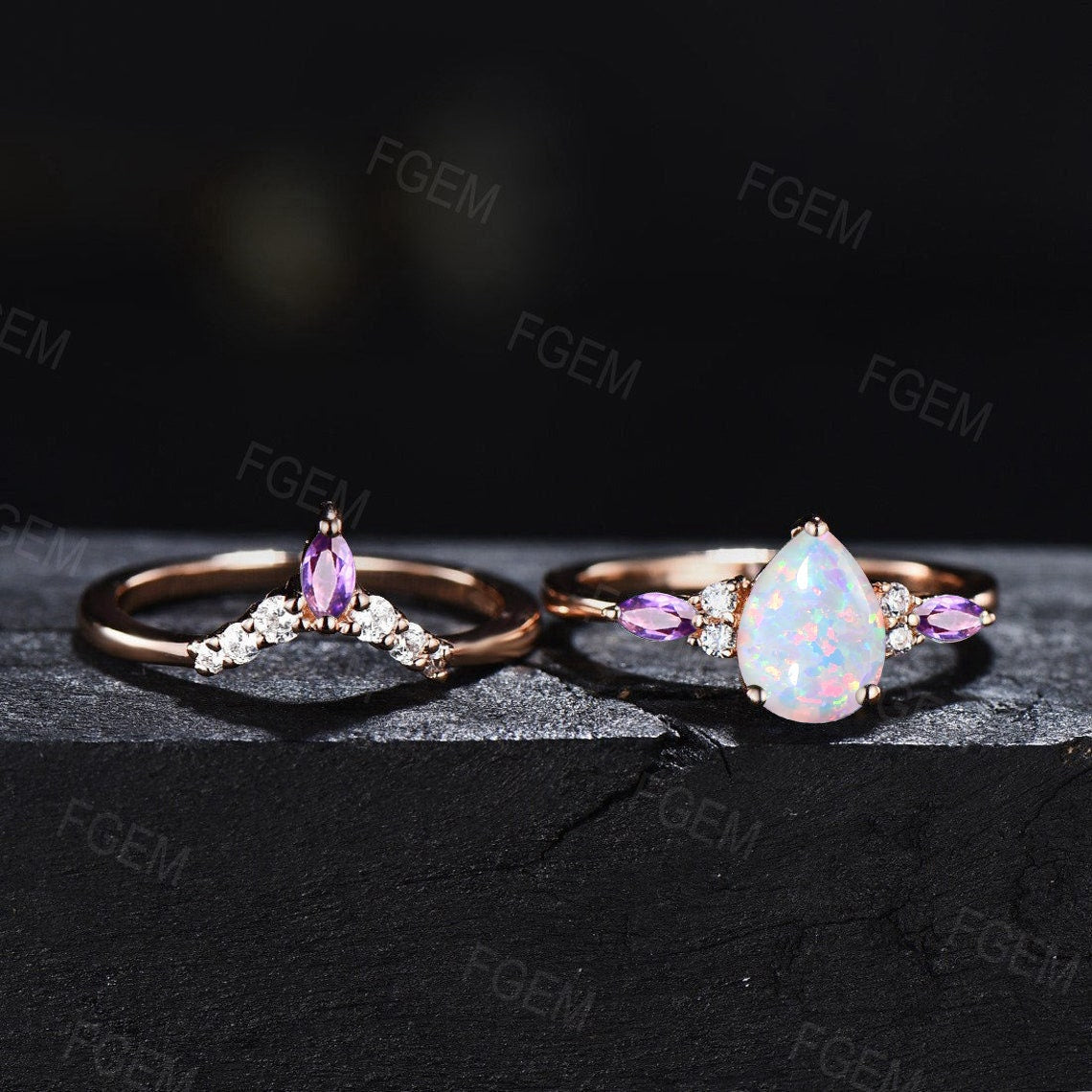 1.25ct Pear Shaped White Opal Engagement Ring Set Sterling Silver Curve Moissanite Amethyst Wedding Ring Promise Ring Birthday Gift Women