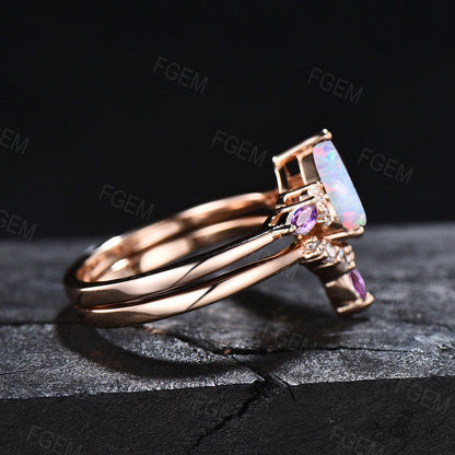1.25ct Pear Shaped White Opal Engagement Ring Set Sterling Silver Curve Moissanite Amethyst Wedding Ring Promise Ring Birthday Gift Women