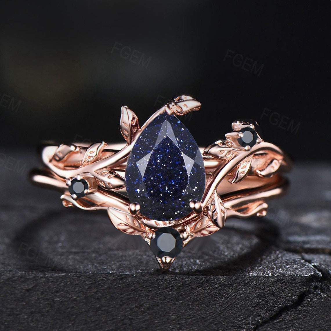 Sand Stone Rings Nature Inspired Blue Sandstone Engagement Rings Set Branch Leaf Bridal ...
