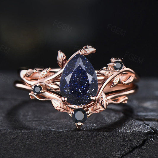 Nature Inspired Blue Sandstone Engagement Rings Set Branch Leaf Bridal Sets Black Gemstone Ring 1.25ct Pear Shaped Blue Goldstone Ring Set