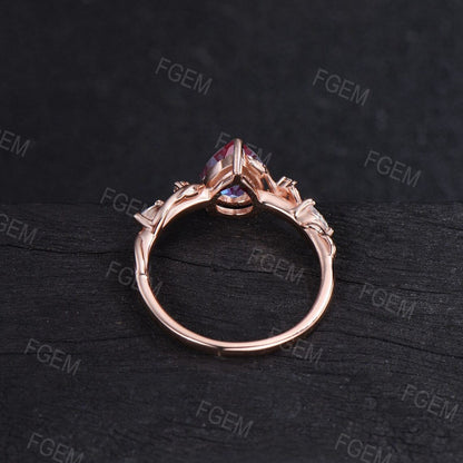 Nature Inspired Alexandrite Amethyst Ring 1.25ct Pear Color-Change Alexandrite Engagement Ring Twist Leaf Vine Amethyst Wedding Promise Ring