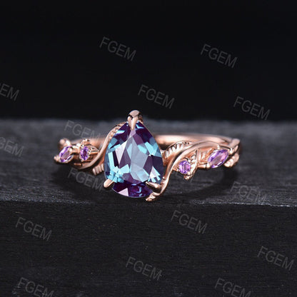 Nature Inspired Alexandrite Amethyst Ring 1.25ct Pear Color-Change Alexandrite Engagement Ring Twist Leaf Vine Amethyst Wedding Promise Ring