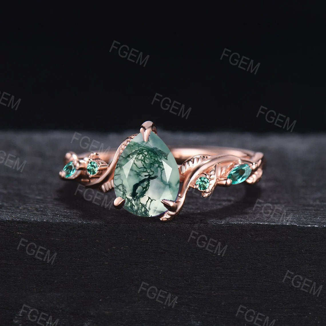 Unique Moss Agate Twist Leaves Ring 1.25ct Teardrop Green Aquatic Agate Emerald Engagement Rings Twig Vine Branch Nature Inspired Ring Gifts