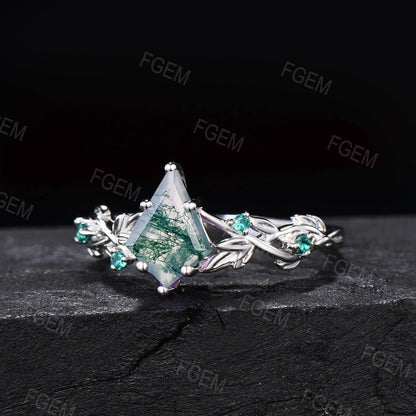 Nature Inspired Kite Cut Moss Agate Ring 14k Rose Gold Natural Moss Agate Leaf Engagement Ring Emerald Vine Wedding Ring Unique Promise Gift