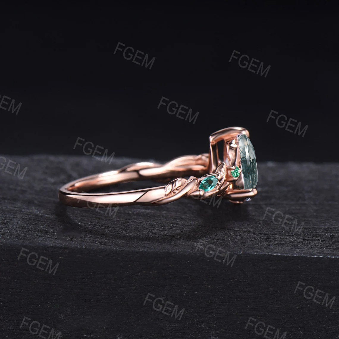 Unique Moss Agate Twist Leaves Ring 1.25ct Teardrop Green Aquatic Agate Emerald Engagement Rings Twig Vine Branch Nature Inspired Ring Gifts