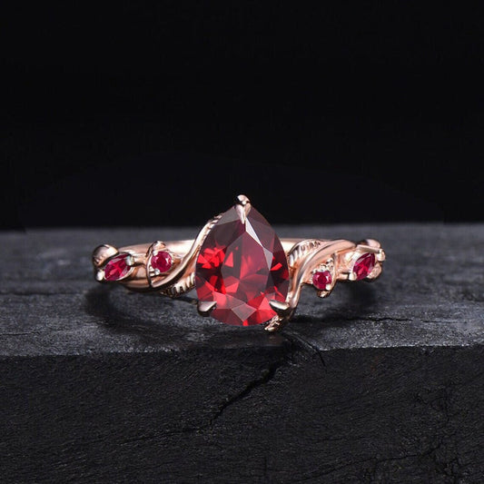 Twist Leaf Red Ruby Ring 1.25ct Pear Ruby Gemstone Jewelry 10K Rose Gold Nature Inspired Ruby Engagement Ring July Birthstone Christmas Ring