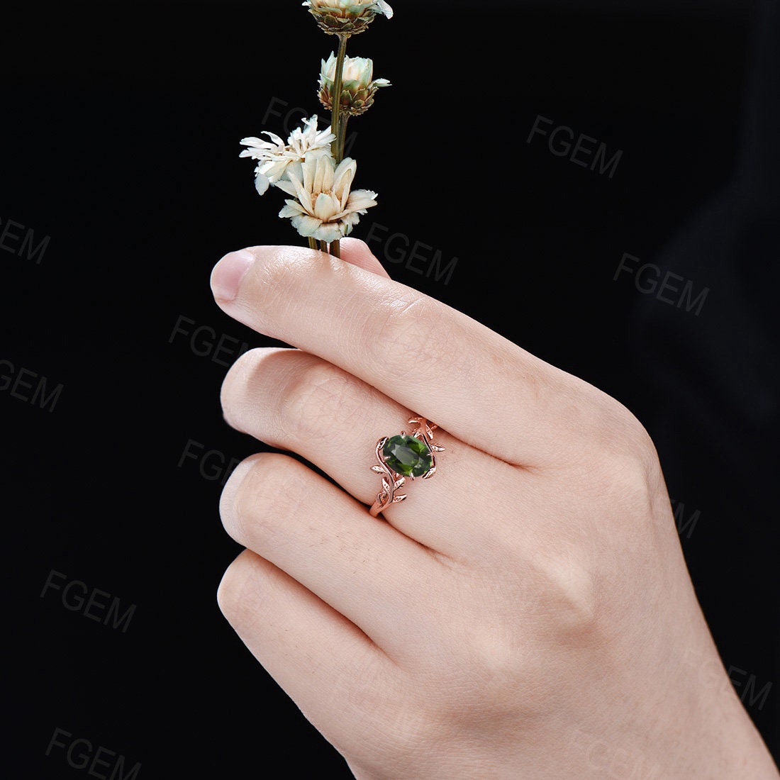 1.5ct Oval Nature Inspired Real Natural Green Tourmaline Ring 10K Rose Gold Vintage Tourmaline Bridal Ring Green Gemstone Leaf Wedding Ring