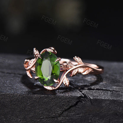 1.5ct Oval Nature Inspired Real Natural Green Tourmaline Ring 10K Rose Gold Vintage Tourmaline Bridal Ring Green Gemstone Leaf Wedding Ring