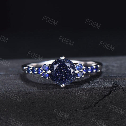 7mm Round Cut Starry Sky Blue Sandstone Engagement Rings Blue Sapphire Wedding Ring Unique Handmade Proposal Gifts for Women Platinum Ring