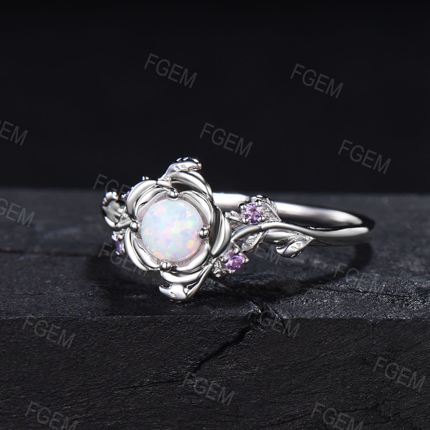 Rose Flower Engagement Ring Round Cut White Opal Wedding Ring Floral Opal Ring Nature Inspired Leaf Amethyst Ring October Birthstone Gift