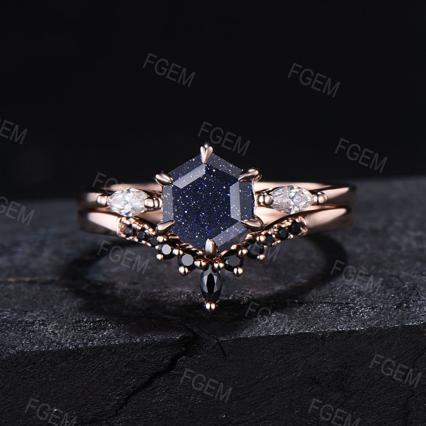 3PCS Hexagon Cut Blue Sandstone Ring Set Rose Gold Silver Galaxy Starry Sky Ring Black Gem Wedding Band Promise Gift Outer Space Nebula Ring