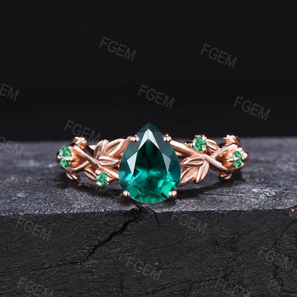 1.25ct Leaf Teardrop Green Emerald Engagement Ring Set 10K Rose Gold Nature Emerald Bridal Set Vintage Proposal Gift Green Wedding Ring Set