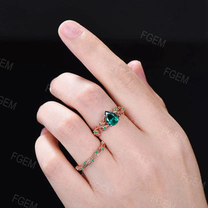 1.25ct Leaf Teardrop Green Emerald Engagement Ring Set 10K Rose Gold Nature Emerald Bridal Set Vintage Proposal Gift Green Wedding Ring Set