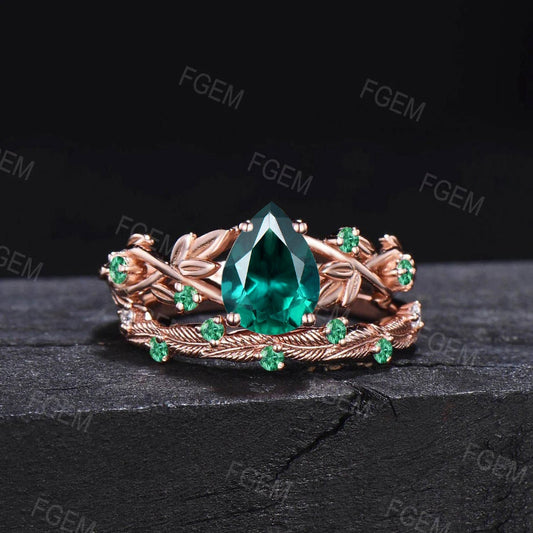 1.25ct Leaf Teardrop Green Emerald Engagement Ring Set 10K Rose Gold Nature Emerald Bridal Set Vintage Proposal Gift Green Wedding Ring Set