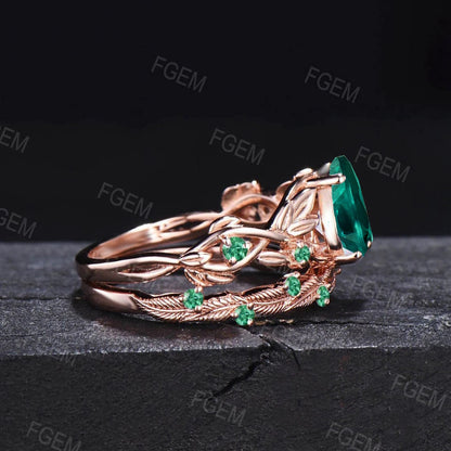 1.25ct Leaf Teardrop Green Emerald Engagement Ring Set 10K Rose Gold Nature Emerald Bridal Set Vintage Proposal Gift Green Wedding Ring Set