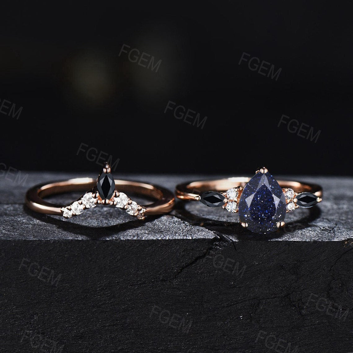 1.25ct Pear Blue Sandstone Moissanite Ring Set Blue Bridal Set Galaxy Starry Sky Ring Black Gemstone Ring Unique Handmade Proposal Gifts