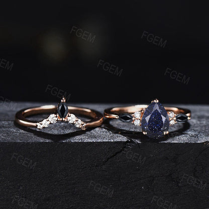 1.25ct Pear Blue Sandstone Moissanite Ring Set Blue Bridal Set Galaxy Starry Sky Ring Black Gemstone Ring Unique Handmade Proposal Gifts