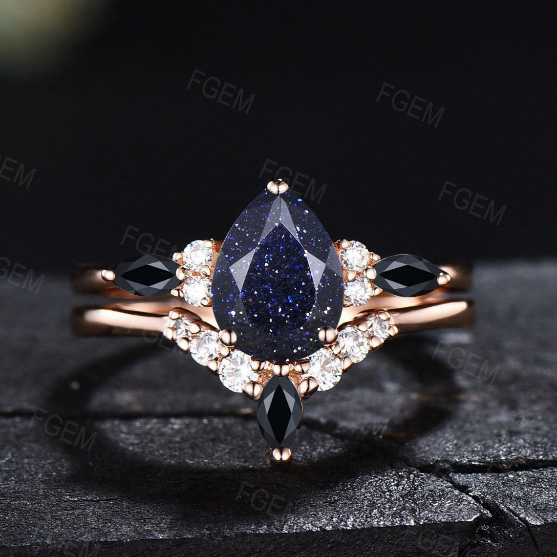 1.25ct Pear Blue Sandstone Moissanite Ring Set Blue Bridal Set Galaxy Starry Sky Ring Black Gemstone Ring Unique Handmade Proposal Gifts