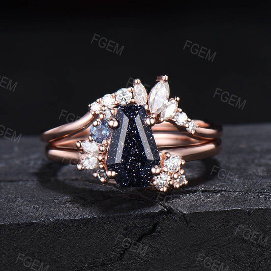 Unique Coffin Ring Set Rose Gold Blue Sandstone Engagement Ring Alexandrite Moissanite Cluster Ring Proposal Gift Outer Space Nebula Ring