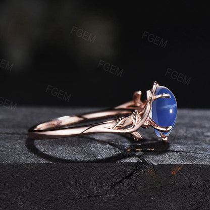 1.5ct Oval Cut Nature Inspired Blue Star Sapphire Engagement Ring Branch Leaf Blue Wedding Ring Unique Handmade Proposal Gifts Platinum Ring
