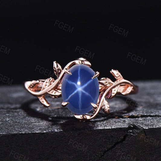 1.5ct Oval Cut Nature Inspired Blue Star Sapphire Engagement Ring Branch Leaf Blue Wedding Ring Unique Handmade Proposal Gifts Platinum Ring