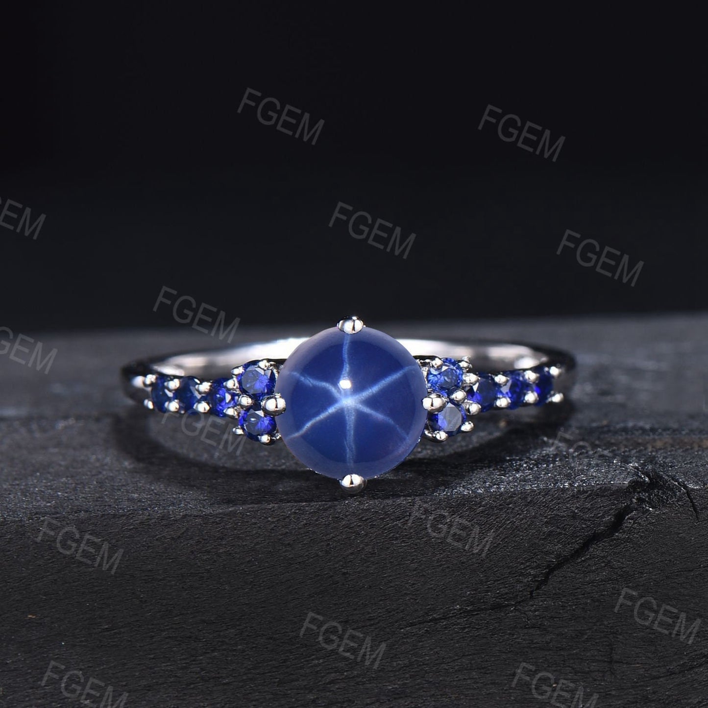 Sterling Silver Blue Star Engagement Ring Vintage 7mm Round Star Sapphire Wedding Ring September Birthstone Cabochon Cluster Promise Rings