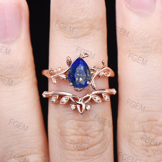Nature Inspired Lapis Lazuli Engagement Ring Set Vintage Lapis Gold Celtic Bridal Set Pear Blue Lapis Jewelry Antique Noble Gift for Women