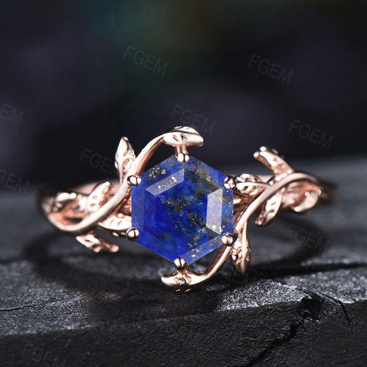 Natural Lapis Lazuli Ring Vintage Hexagon Engagement Ring Inspired Leaf Solitaire Ring Blue Gemstone Wedding Ring Unique Promise Ring Women