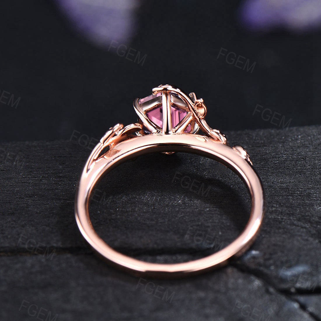 Natural Pink Tourmaline Engagement Ring Ring Vintage Nature Inspired Hexagon Tourmaline Ring Leaf Solitaire Ring Pink Gemstone Wedding Ring