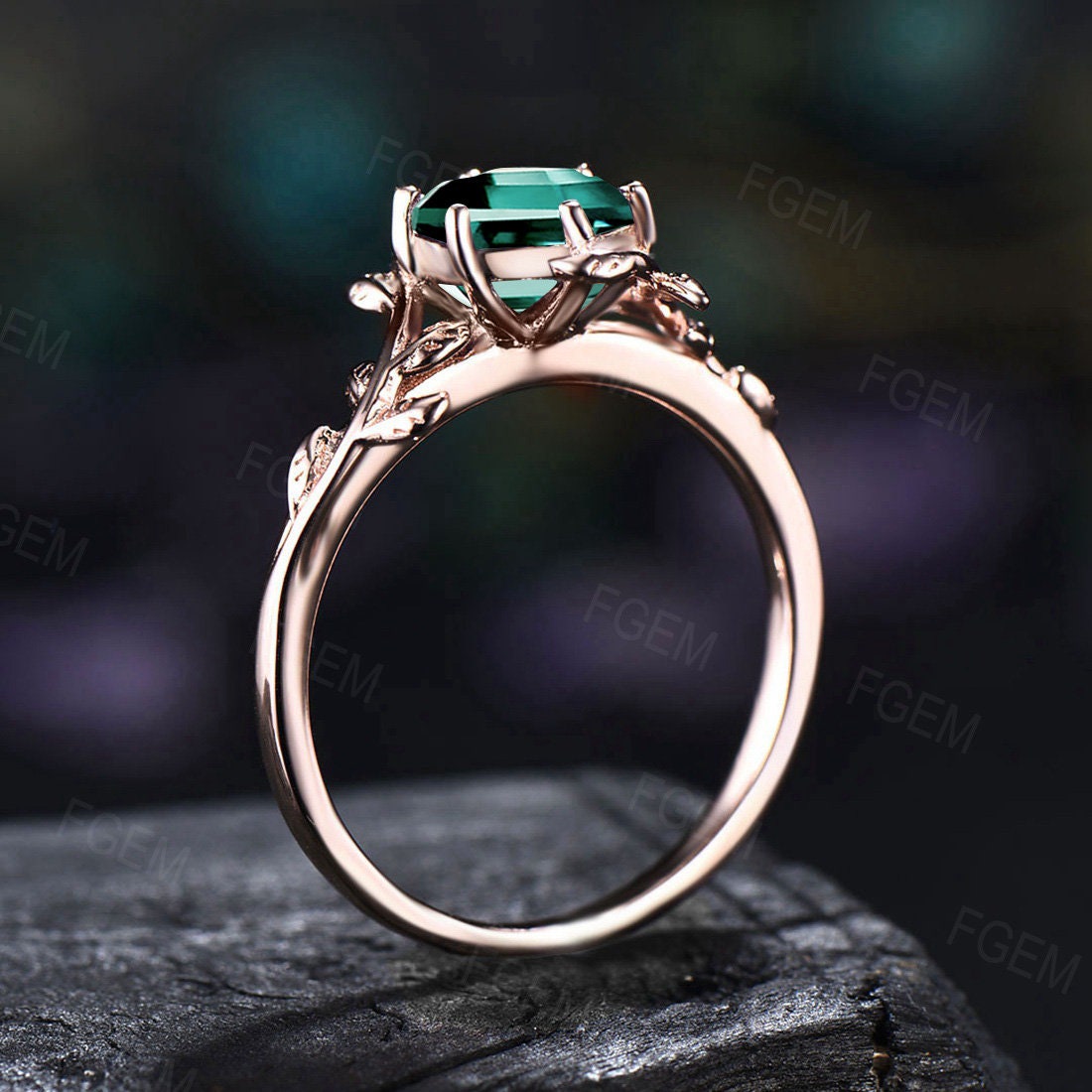 Sterling Silver Nature Inspired Green Sapphire Ring Vintage 1ct Hexagon Green Engagement Ring Branch Teal Blue Green Sapphire Solitaire Ring