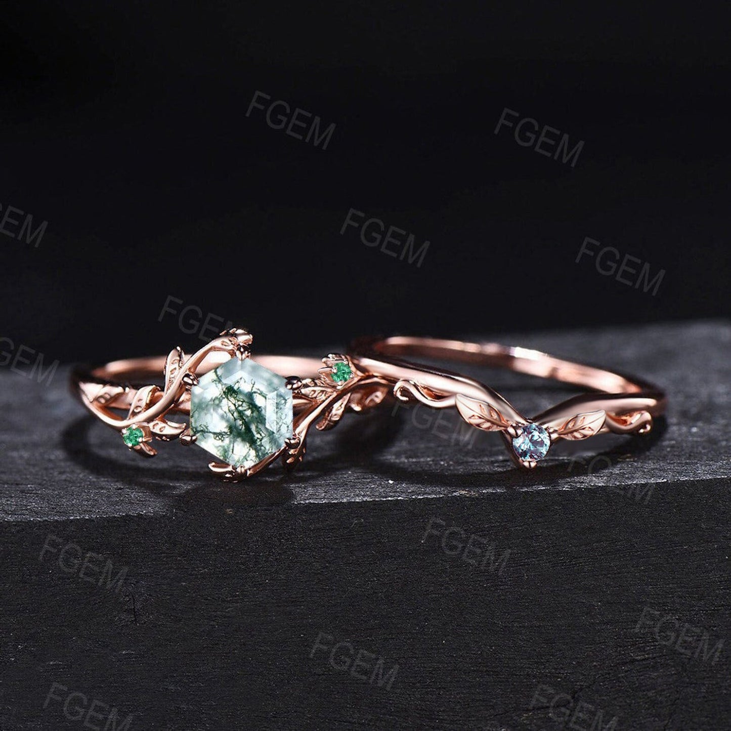 1ct Hexagon Nature Inspired Moss Agate Wedding Ring Set Rose Gold Vintage Branch Leaf Emerald Alexandrite Bridal Set Unique Promise Gifts