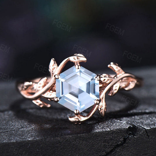 Dainty Hexagon Aquamarine Ring Nature Inspired Leaf Aquamarine Wedding Ring Vintage Light Blue Engagement Ring March Birthstone Jewelry Gift