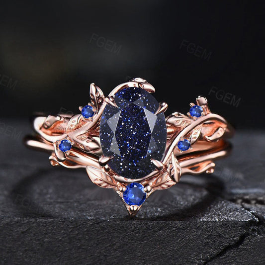 Nature Inspired Blue Sandstone Engagement Rings Set Twig Leaf Wedding Band Cluster Blue Sapphire Ring Blue Goldstone Bridal Set Nature Rings