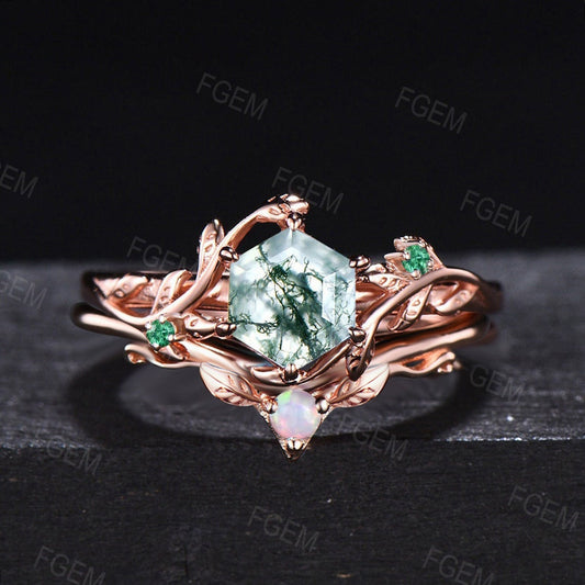 1ct Hexagon Natural Moss Agate Nature Inspired Wedding Ring Set Rose Gold Vintage Branch Leaf Emerald Opal Bridal Set Unique Promise Gifts
