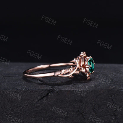 Rose Flower Engagement Ring Round Cut Green Emerald Wedding Ring 10K Rose Gold Floral Ring Nature Inspired Leaf Emerald Ring Promise Gift