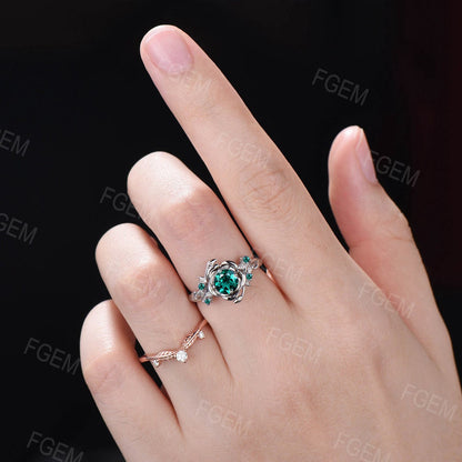 Rose Flower Engagement Ring Round Cut Green Emerald Wedding Ring 10K Rose Gold Floral Ring Nature Inspired Leaf Emerald Ring Promise Gift