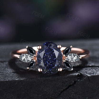 1.5ct Blue Sandstone Cluster Engagement Ring Set Galaxy Starry Sky Ring Black Rutilated Quartz Marquise Ring Unique Handmade Proposal Gifts