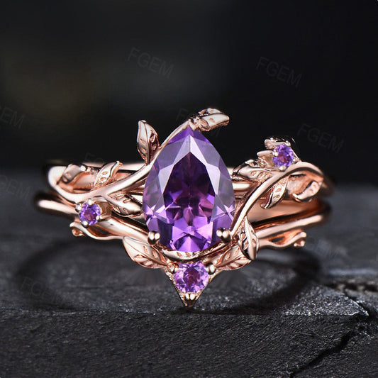 Nature Inspired Natural Amethyst Bridal Set 1.25ct Pear Shape Leaf Amethyst Engagement Ring Purple Crystal Wedding Ring Set Branch Twig Ring