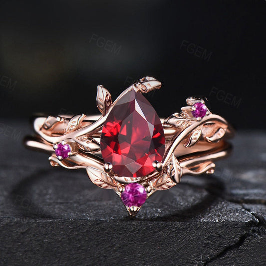 Nature Inspired Twig Leaf Ruby Engagement Ring 1.25ct Pear Ruby Ring Red Gemstone Jewelry Pink Tourmaline Wedding Ring July Birthstone Gift