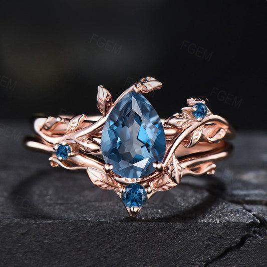 Nature Inspired London Blue Topaz Ring Set December Birthstone Blue Wedding Ring Unique Pear Shaped Leaf London Blue Topaz Engagement Rings