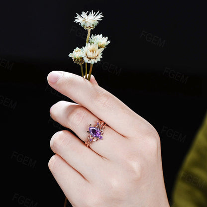 Nature Inspired Natural Amethyst Bridal Set 1.25ct Pear Shape Leaf Amethyst Engagement Ring Purple Crystal Wedding Ring Set Branch Twig Ring