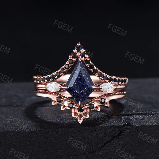 3pcs Kite Cut Starry Sky Galaxy Blue Sandstone Engagement Ring Set Vintage Antique Art Deco Unique Gothic Black Spinel Wedding Ring Sets