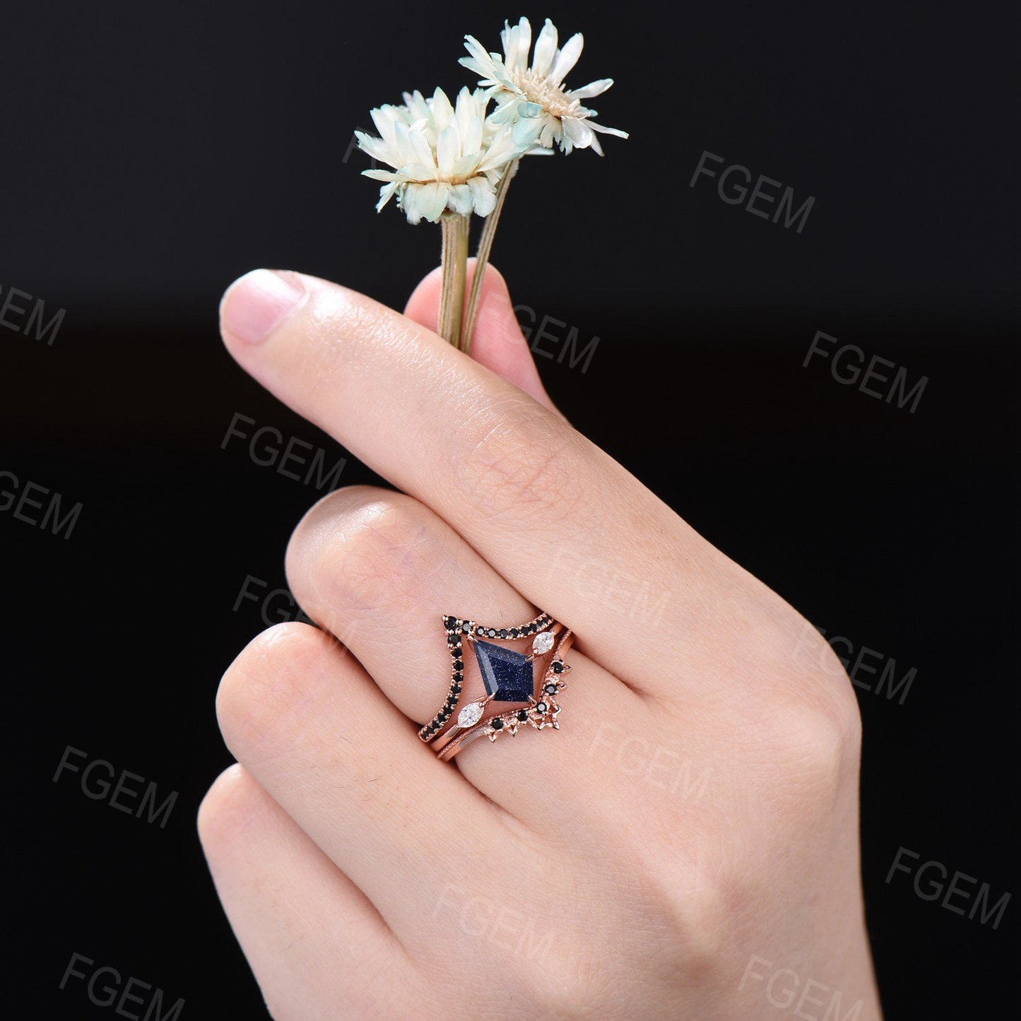 3pcs Kite Cut Starry Sky Galaxy Blue Sandstone Engagement Ring Set Vintage Antique Art Deco Unique Gothic Black Spinel Wedding Ring Sets