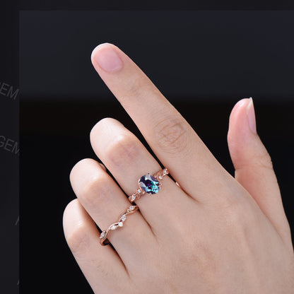 Nature Inspired 1.5ct Oval Color-Change Alexandrite Engagement Ring Set Twisted Band Moissanite Wedding Ring Leaf Vine Branch Bridal Sets