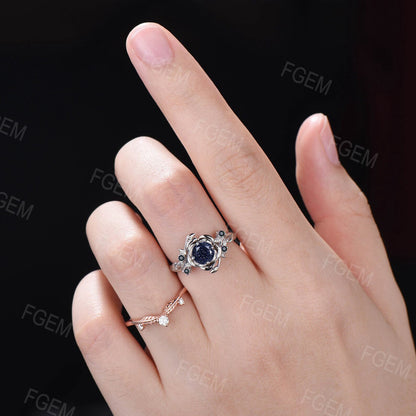 Nature Inspired Blue Sandstone Engagement Ring 5mm Round Blue Goldstone Ring Rose Flower Wedding Ring Black Spinel Leaf Branch Ring Gift