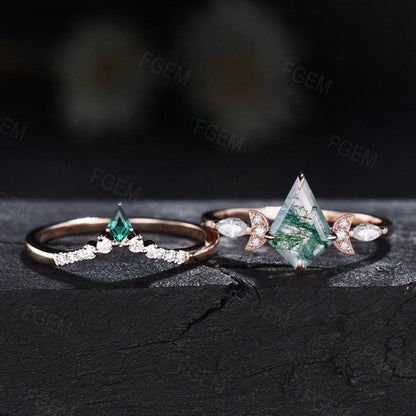 Moss Agate Moon Engagement Ring Set 10K Rose Gold 1ct Kite Cut Natural Green Moss Agate Emerald Wedding Ring Moissanite Crescent Moon Ring